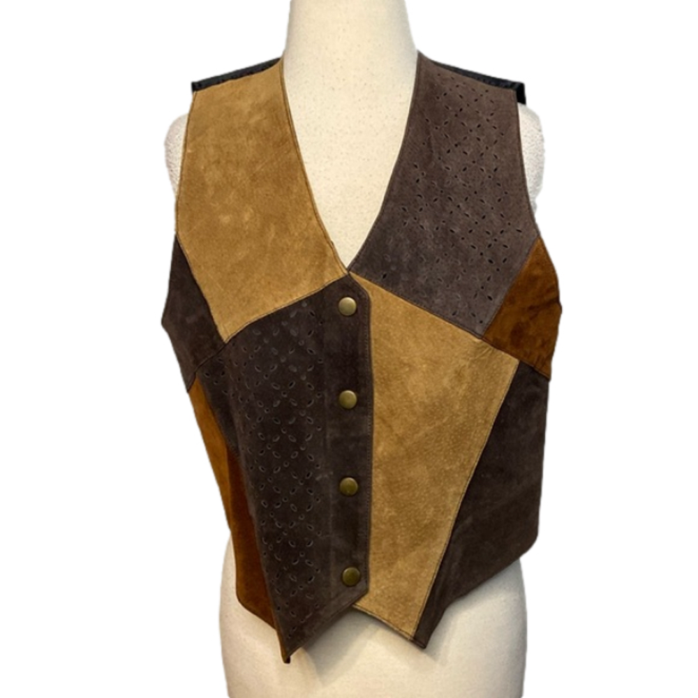 Unbranded 100% Leather and Polyester Vest Snap Front Brown S-M Western Patchwork